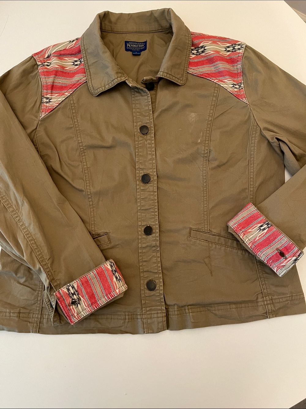 Pendleton Cotton Twill Jacket, size L, southwestern details, khaki & red